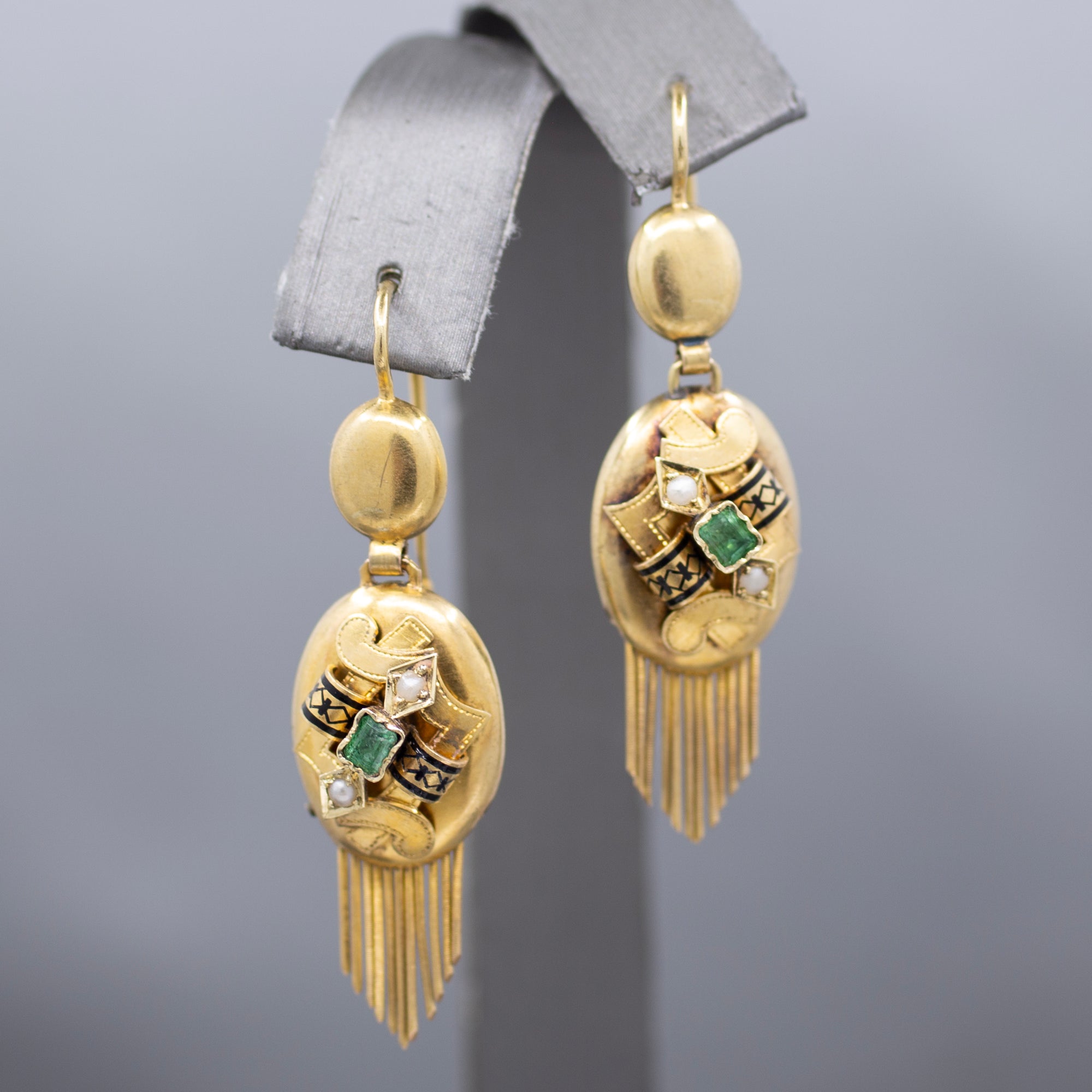 Antique Victorian Emerald and Pearl Fringe Dangle Earrings in 14k Yellow Gold