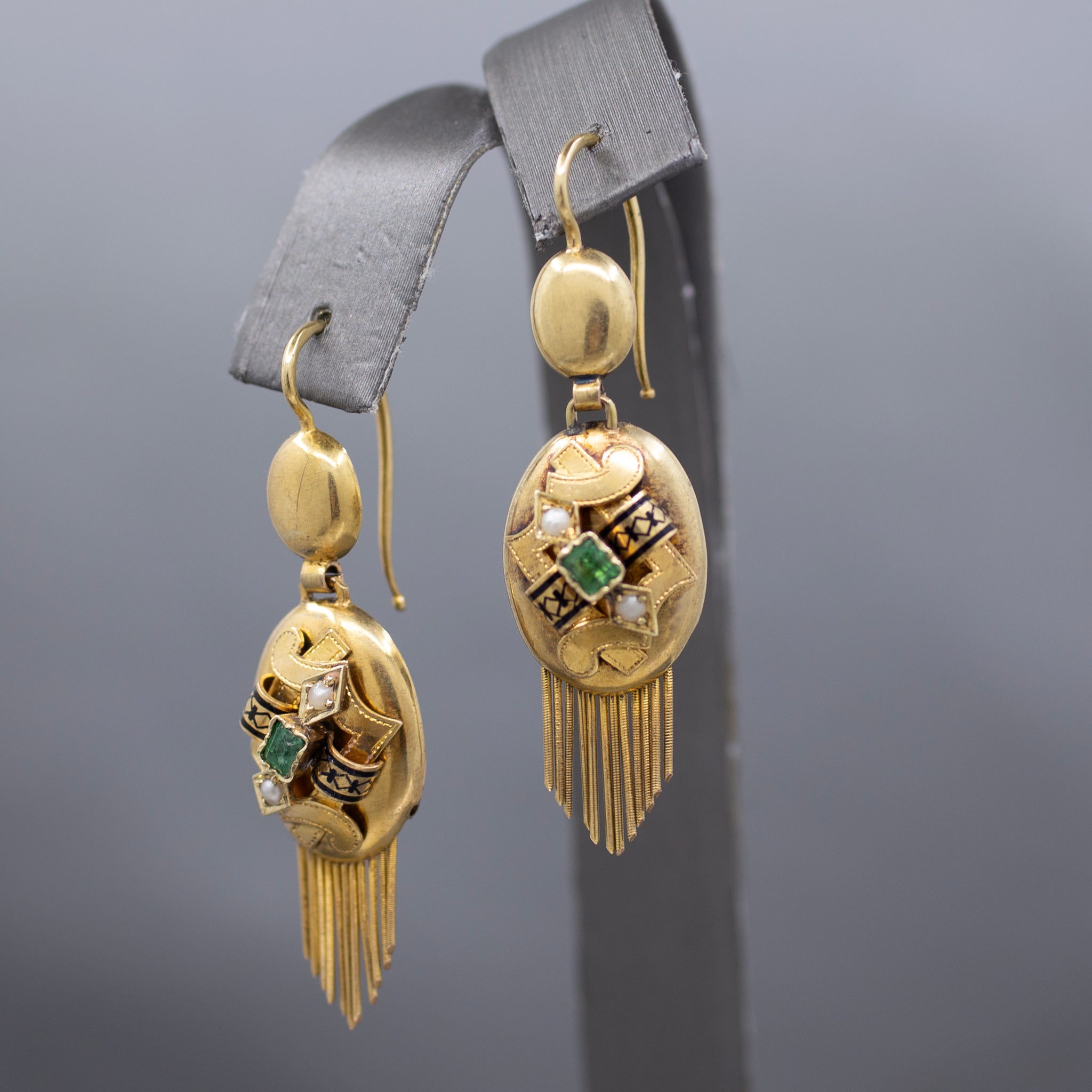 Antique Victorian Emerald and Pearl Fringe Dangle Earrings in 14k Yellow Gold