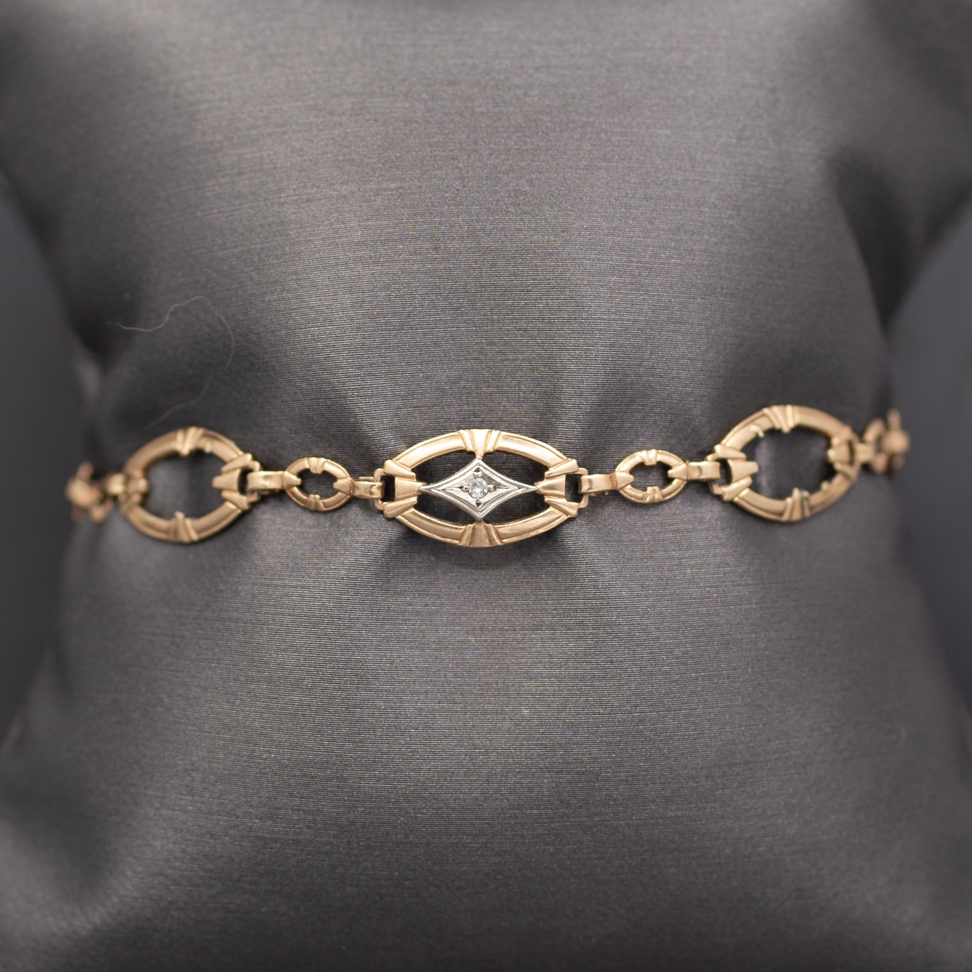 xAntique Edwardian Link Bracelet with Diamond Accents in 9k Rosy Gold
