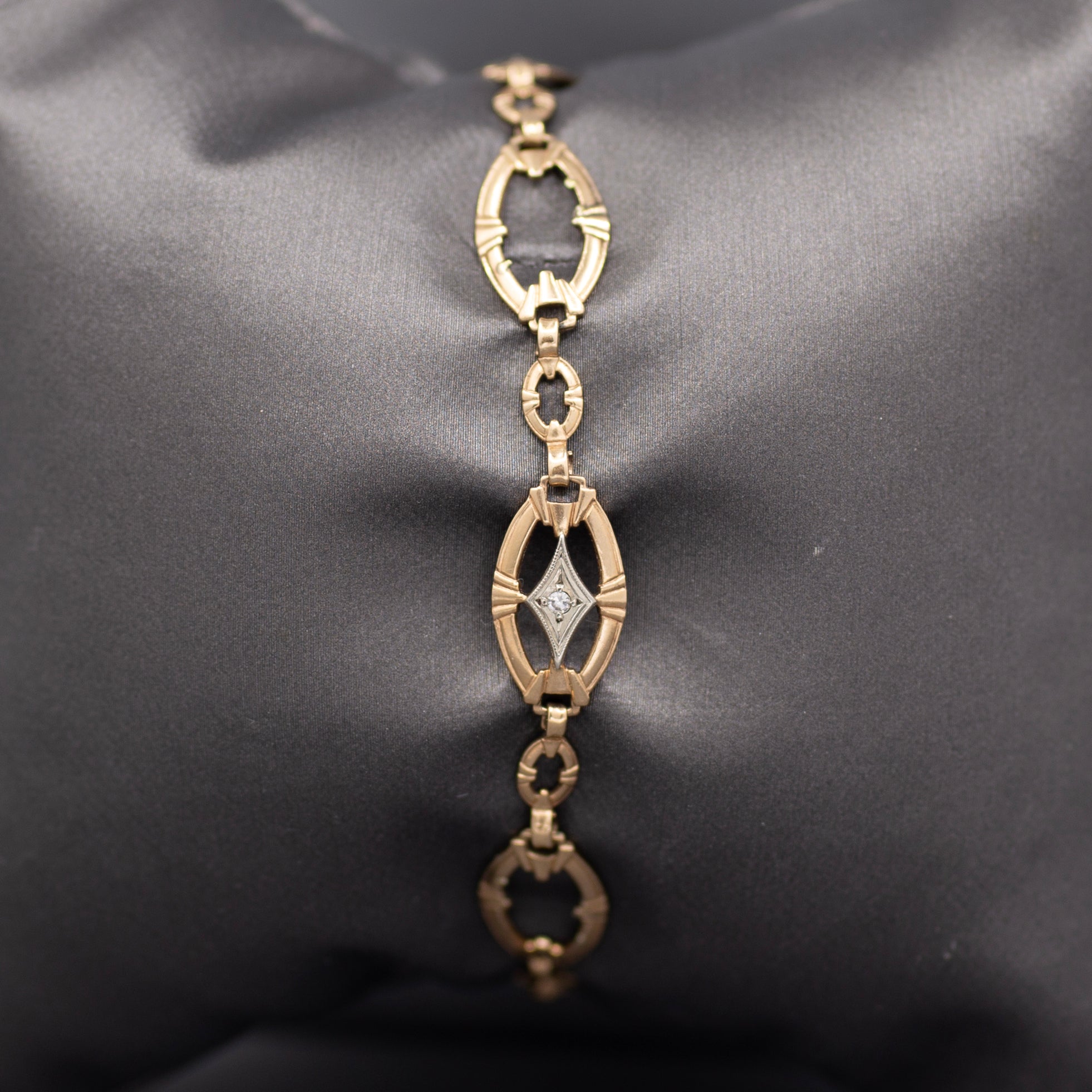 Antique Edwardian Link Bracelet with Diamond Accents in 9k Rosy Gold