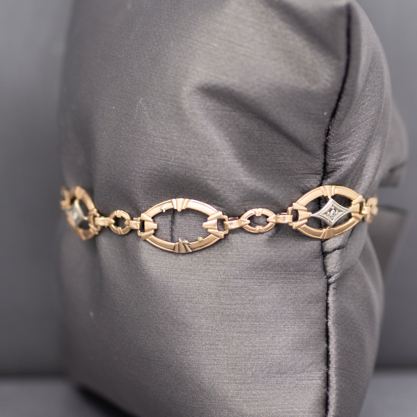 Antique Edwardian Link Bracelet with Diamond Accents in 9k Rosy Gold
