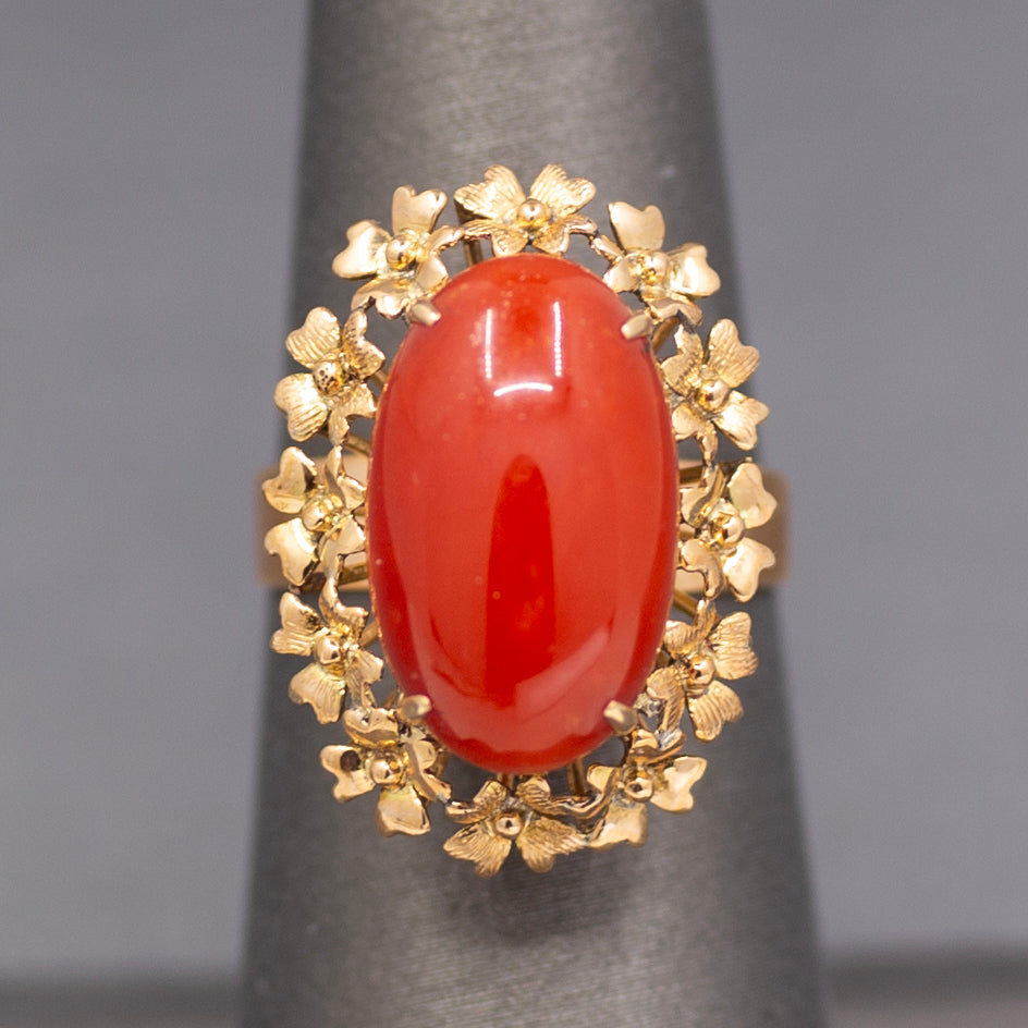 Vintage Red Coral Statement Ring with Floral Bezel in 14k Rosy Gold