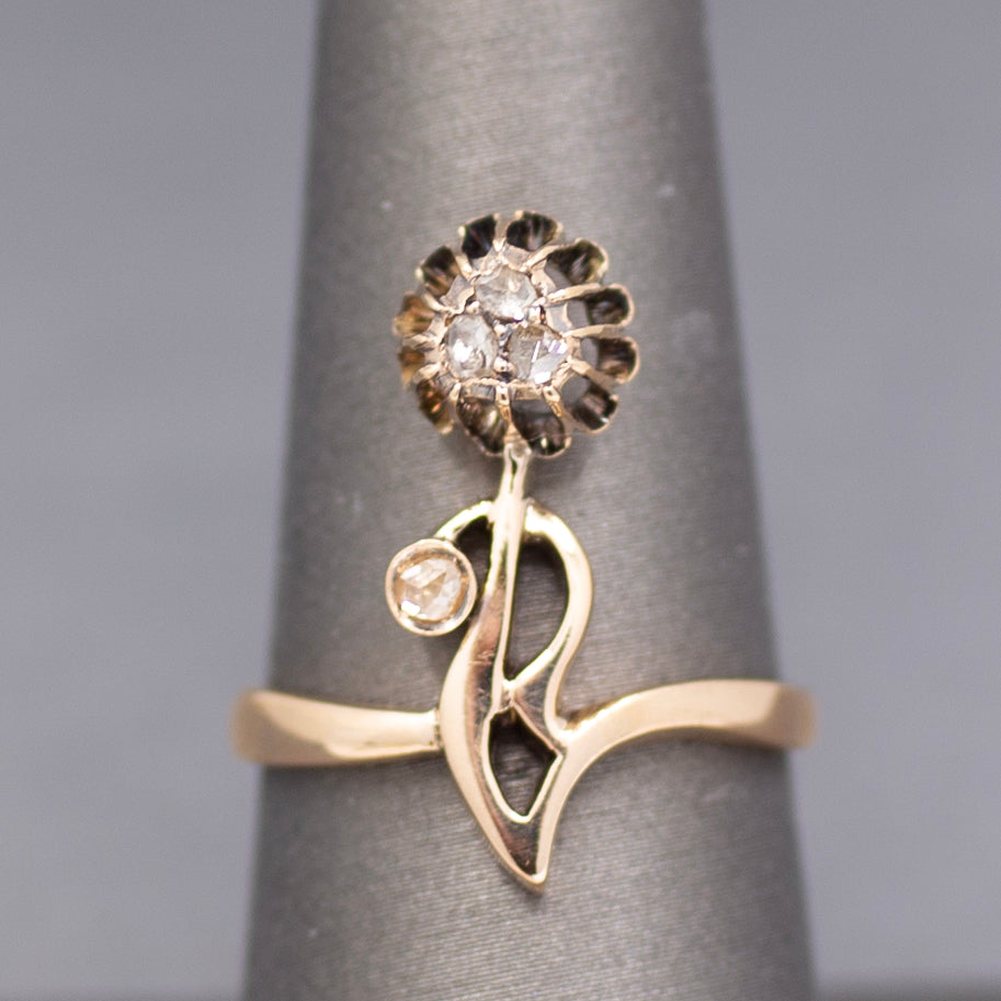 Antique Victorian Rose Cut Diamond Flower Ring in 14k Rose Gold