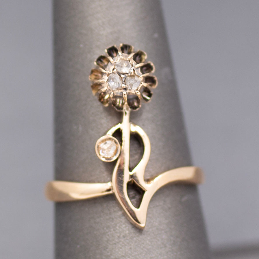 Antique Victorian Rose Cut Diamond Flower Ring in 14k Rose Gold