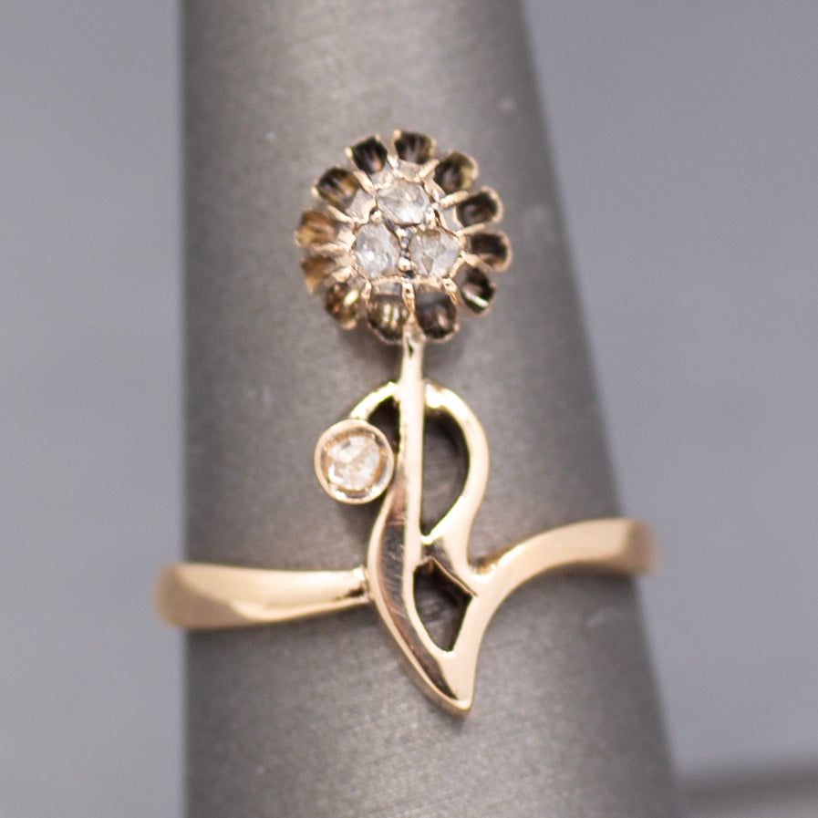 Antique Victorian Rose Cut Diamond Flower Ring in 14k Rose Gold