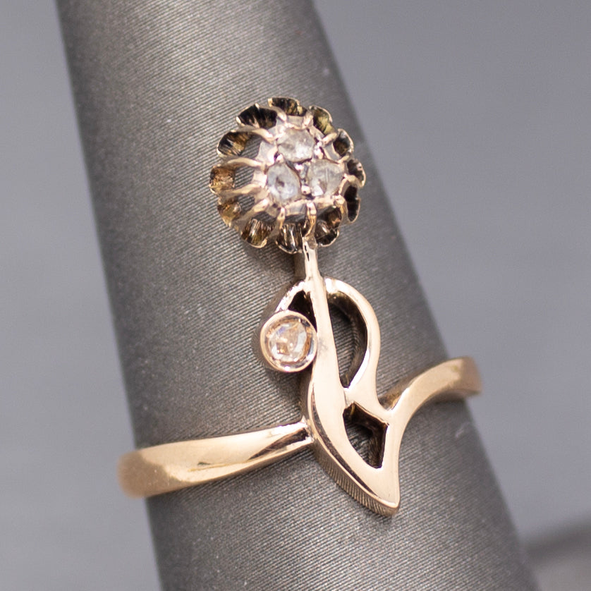 Antique Victorian Rose Cut Diamond Flower Ring in 14k Rose Gold