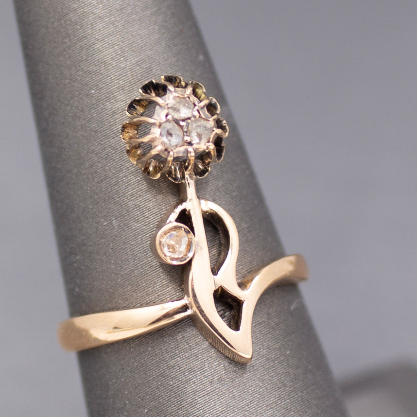Antique Victorian Rose Cut Diamond Flower Ring in 14k Rose Gold
