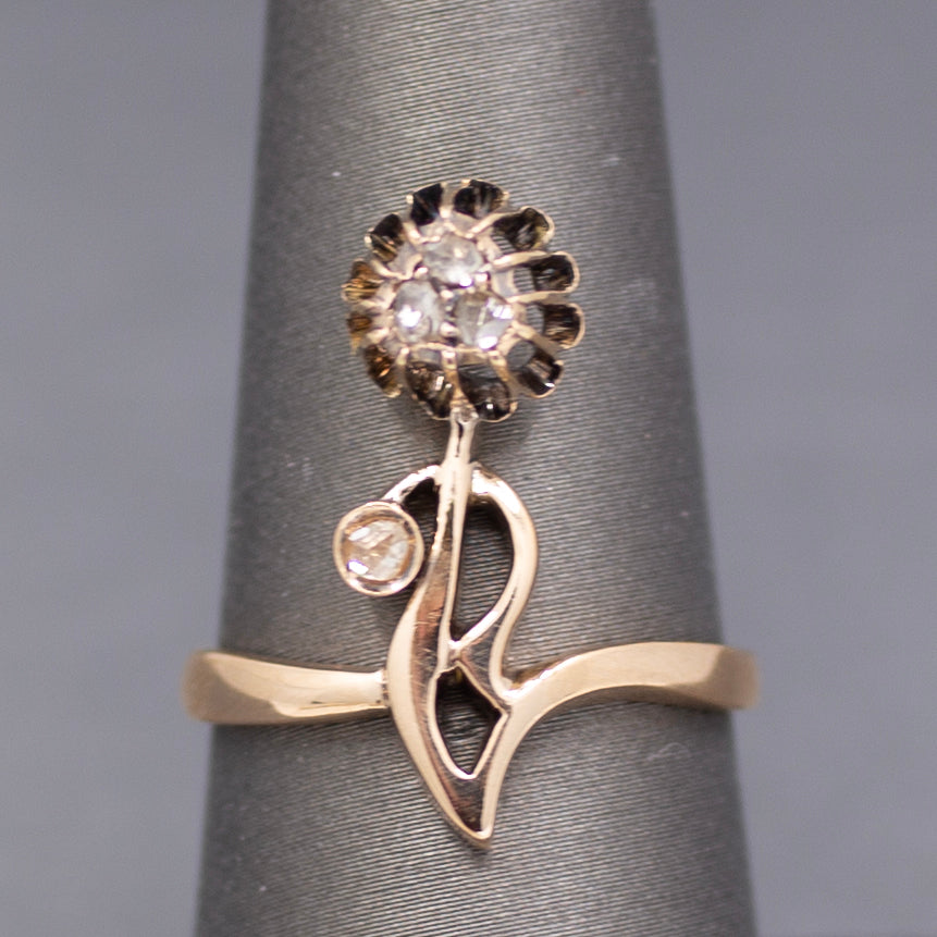 Antique Victorian Rose Cut Diamond Flower Ring in 14k Rose Gold