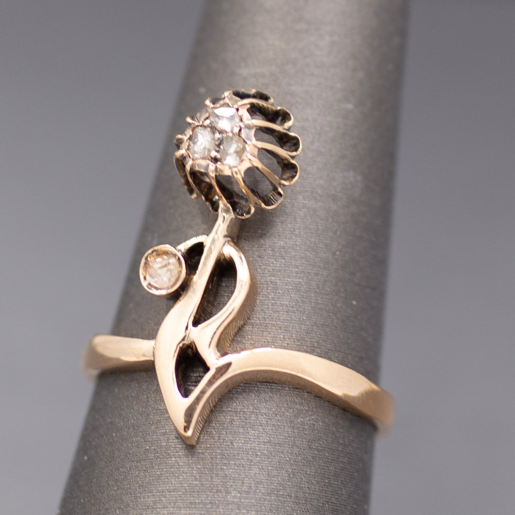 Antique Victorian Rose Cut Diamond Flower Ring in 14k Rose Gold