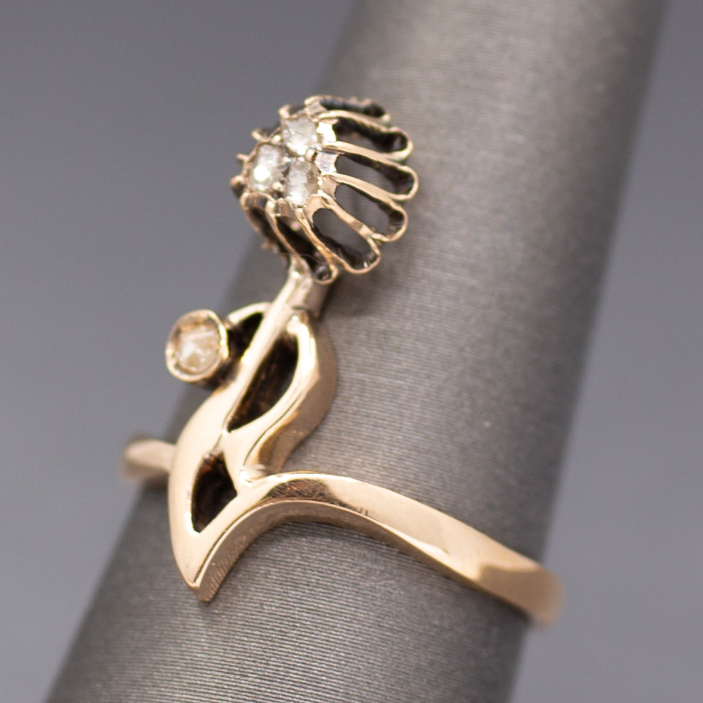 Antique Victorian Rose Cut Diamond Flower Ring in 14k Rose Gold