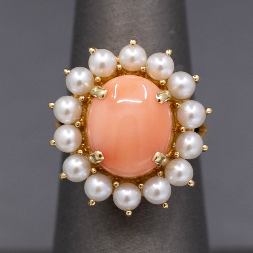 Vintage Coral and Pearl Halo Ring in 14k Yellow Gold
