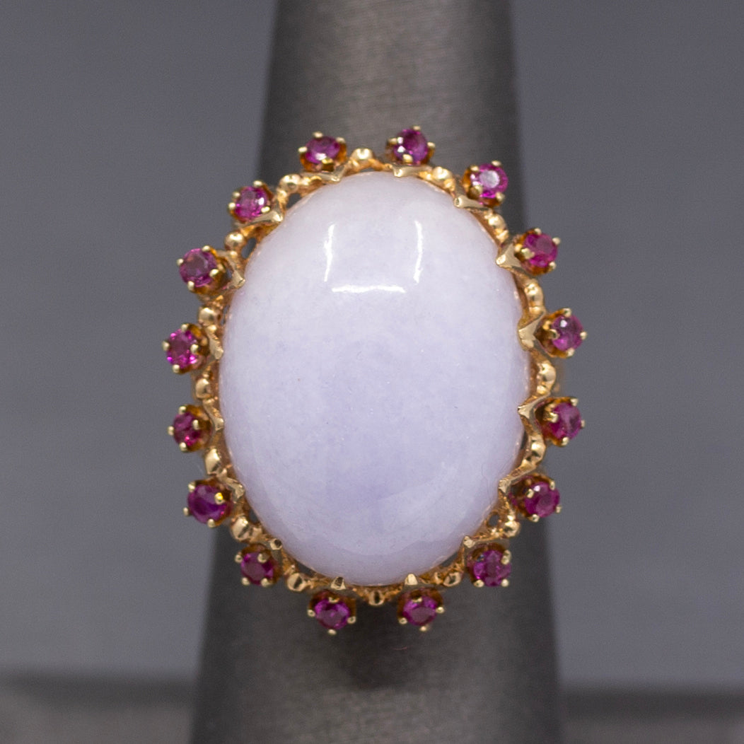 Dazzling Ruby and Natural Lavender Jade Cocktail Ring in 14k Yellow Gold