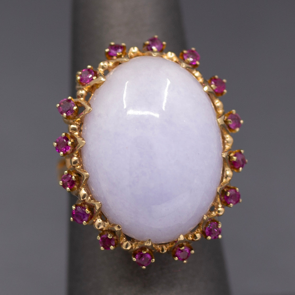 Dazzling Ruby and Natural Lavender Jade Cocktail Ring in 14k Yellow Gold
