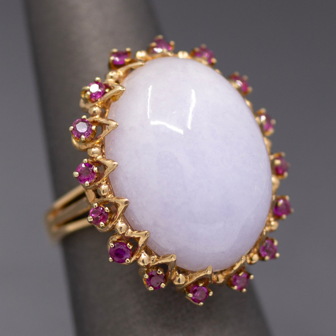 Dazzling Ruby and Natural Lavender Jade Cocktail Ring in 14k Yellow Gold