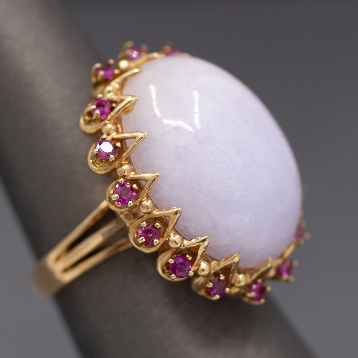 Dazzling Ruby and Natural Lavender Jade Cocktail Ring in 14k Yellow Gold