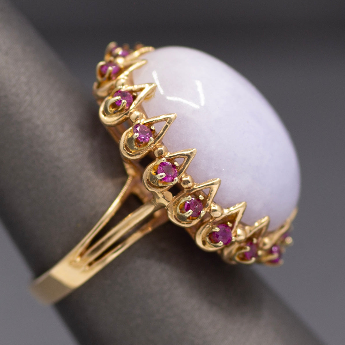 Dazzling Ruby and Natural Lavender Jade Cocktail Ring in 14k Yellow Gold