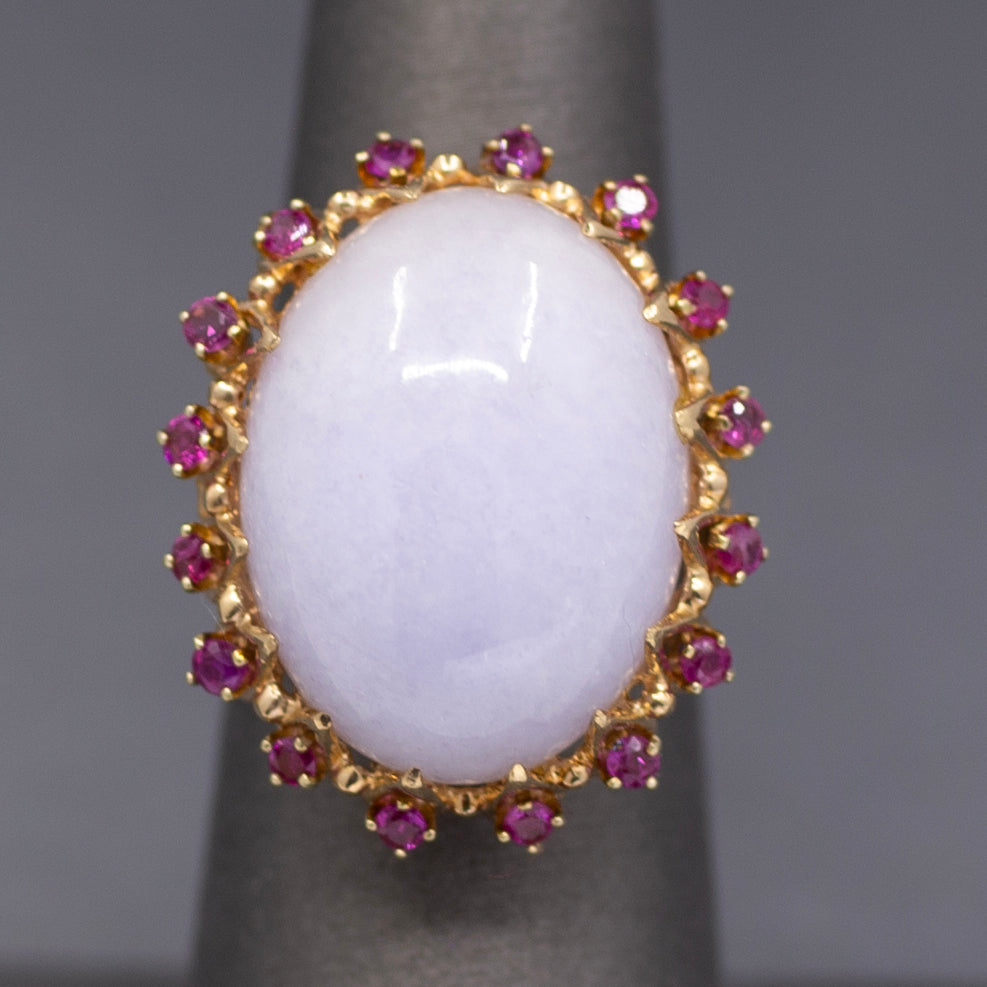 Dazzling Ruby and Natural Lavender Jade Cocktail Ring in 14k Yellow Gold