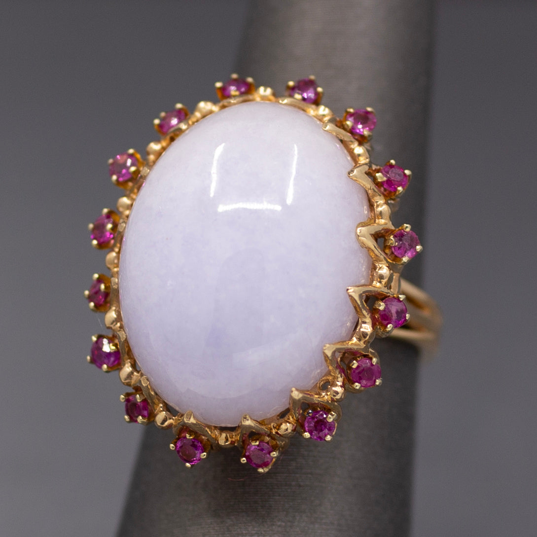 Dazzling Ruby and Natural Lavender Jade Cocktail Ring in 14k Yellow Gold