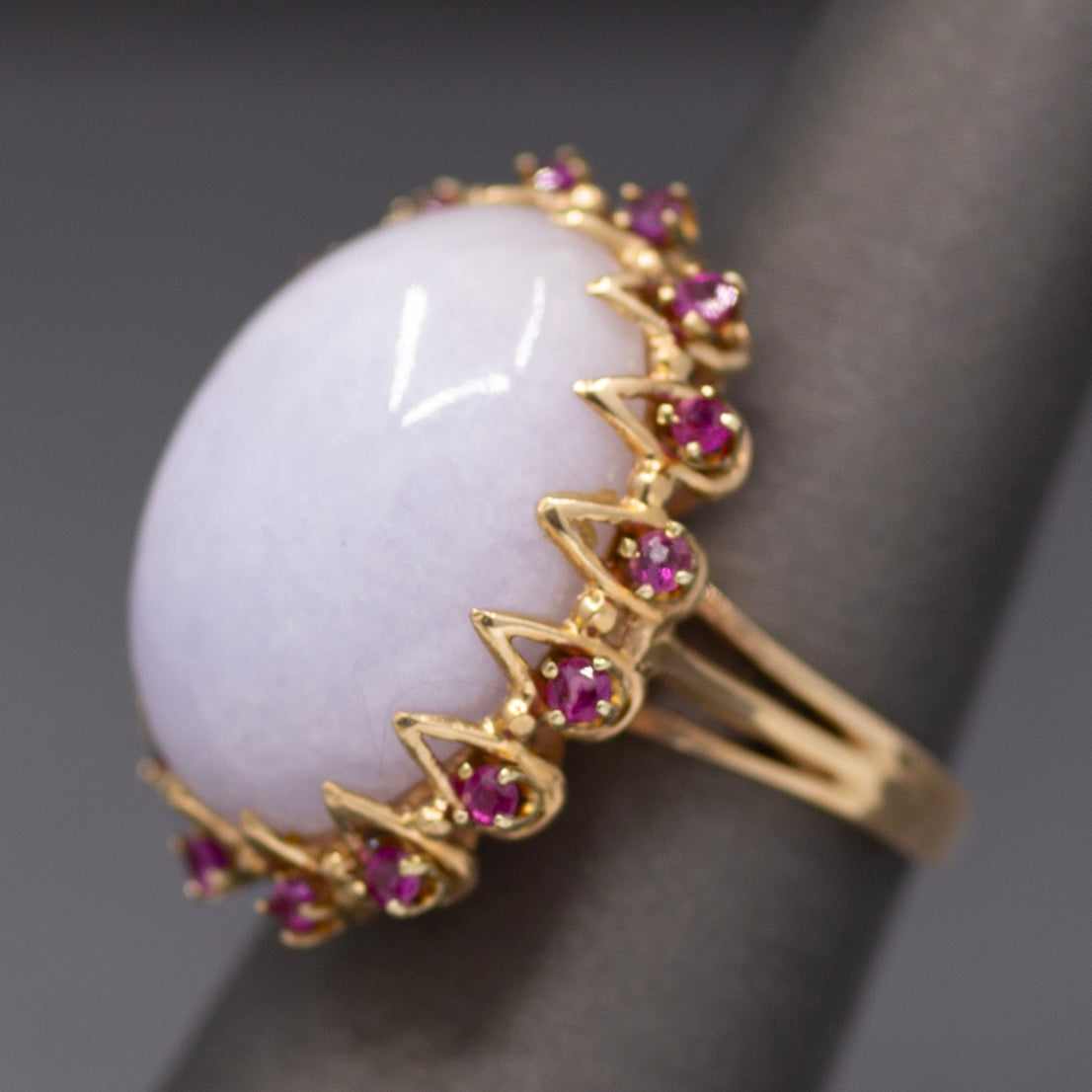 Dazzling Ruby and Natural Lavender Jade Cocktail Ring in 14k Yellow Gold