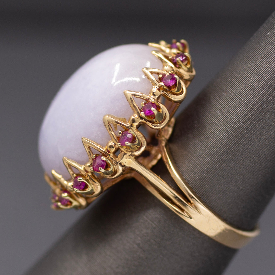 Dazzling Ruby and Natural Lavender Jade Cocktail Ring in 14k Yellow Gold