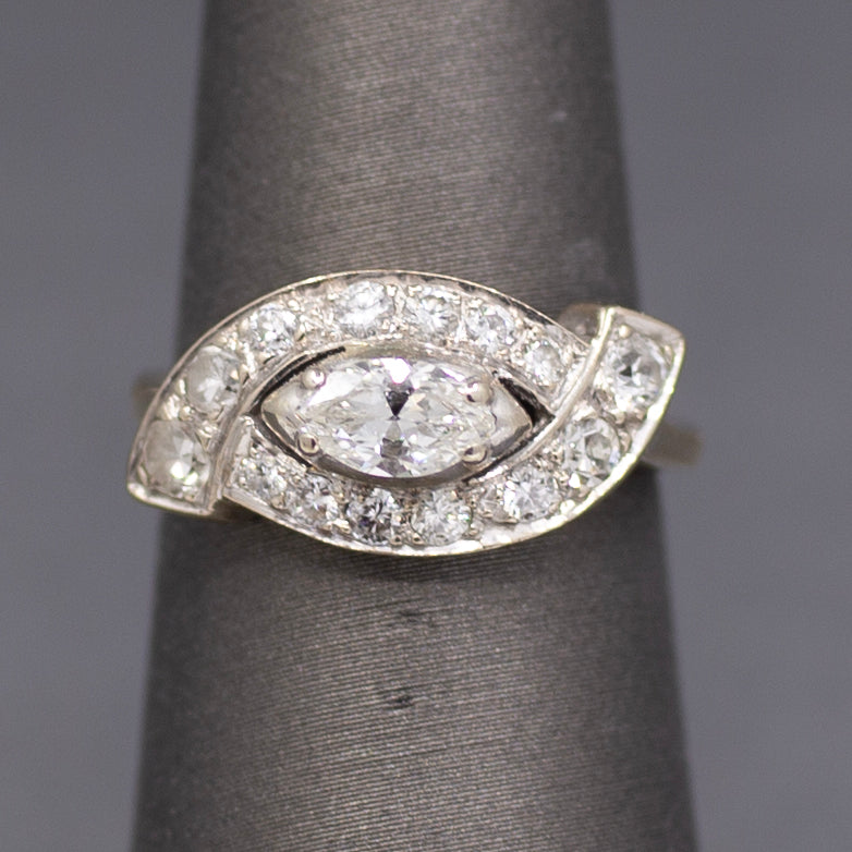 Vintage Marquise Cut Diamond East West Cross Over Ring in 14k White Gold