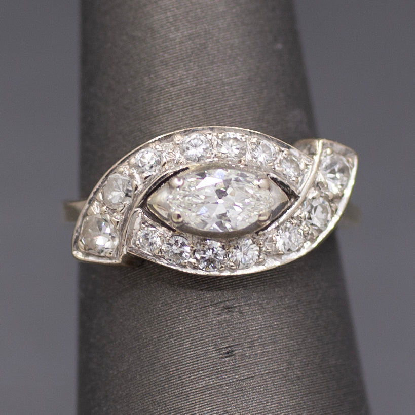 Vintage Marquise Cut Diamond East West Cross Over Ring in 14k White Gold