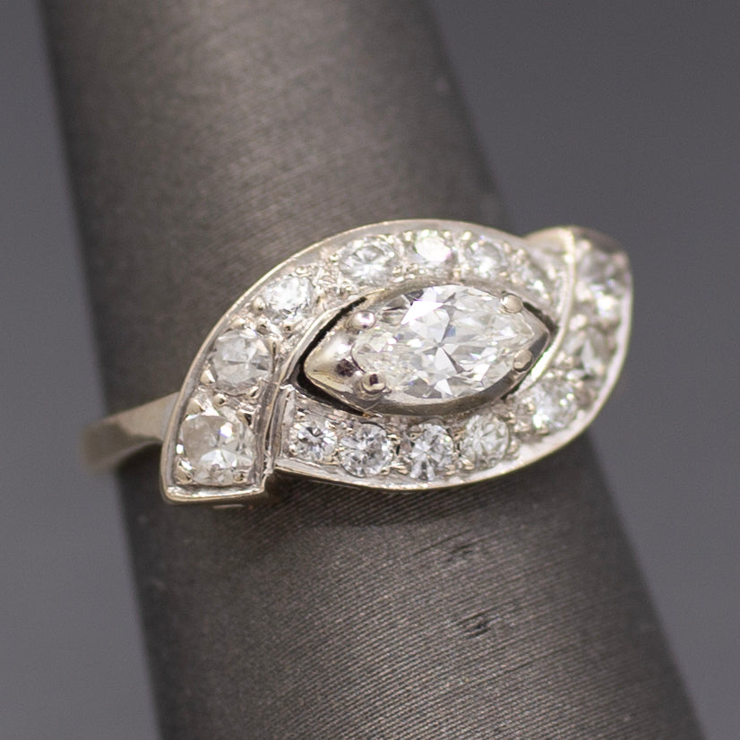 Vintage Marquise Cut Diamond East West Cross Over Ring in 14k White Gold