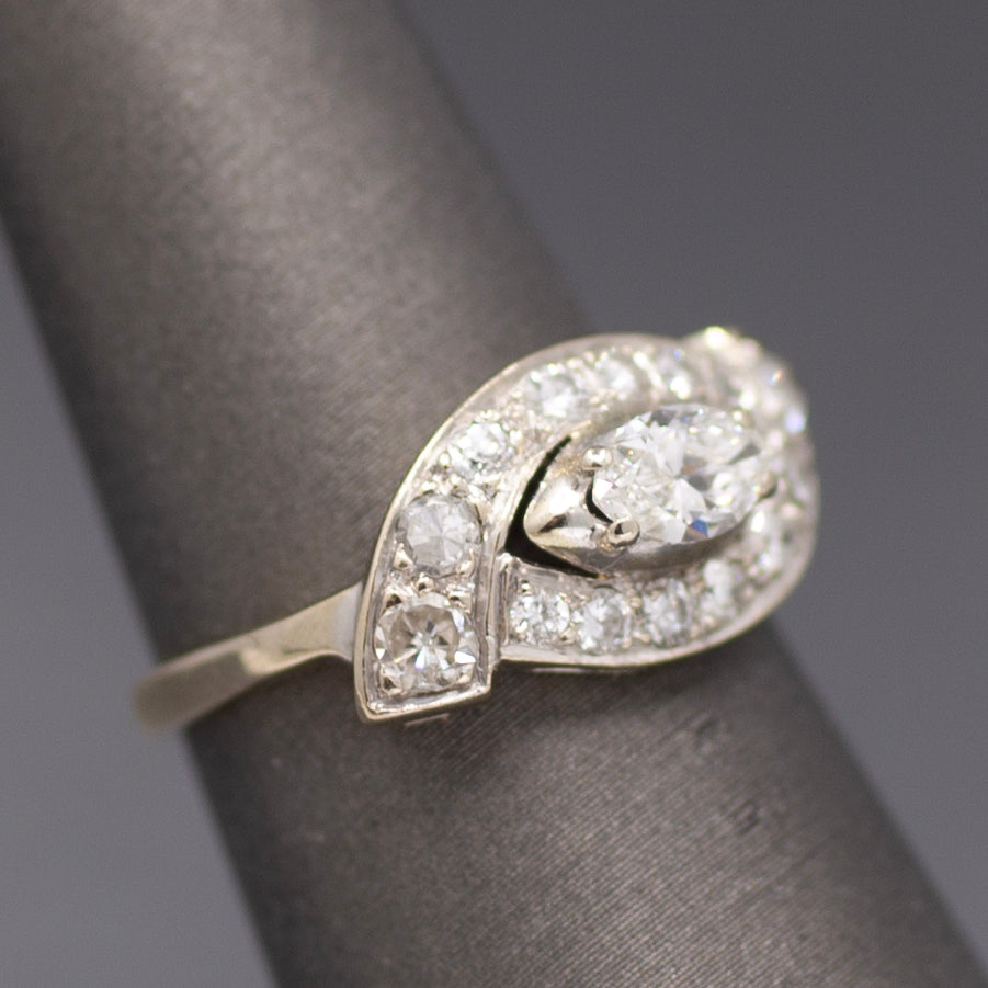 Vintage Marquise Cut Diamond East West Cross Over Ring in 14k White Gold