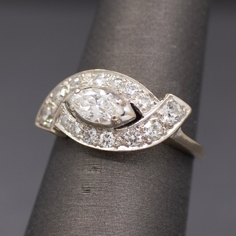 Vintage Marquise Cut Diamond East West Cross Over Ring in 14k White Gold