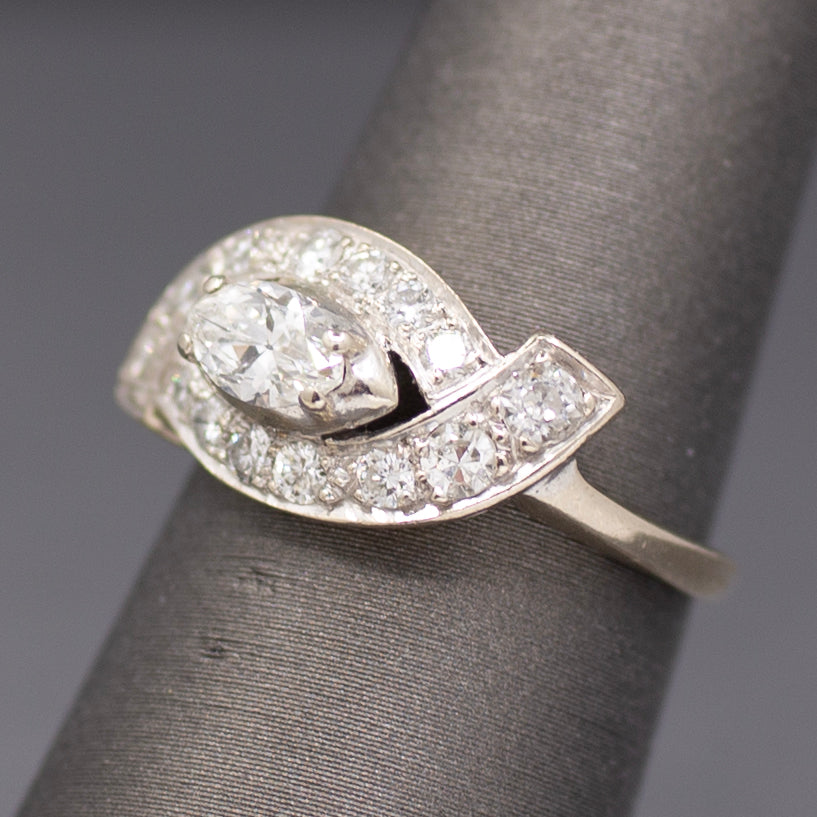 Vintage Marquise Cut Diamond East West Cross Over Ring in 14k White Gold