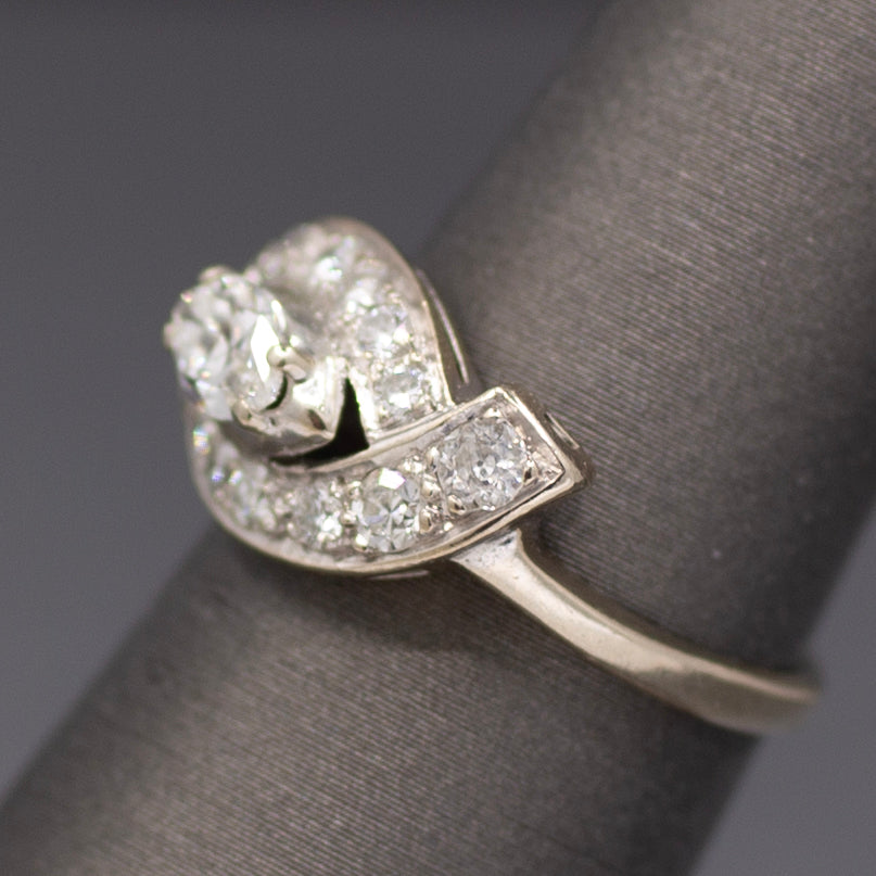 Vintage Marquise Cut Diamond East West Cross Over Ring in 14k White Gold