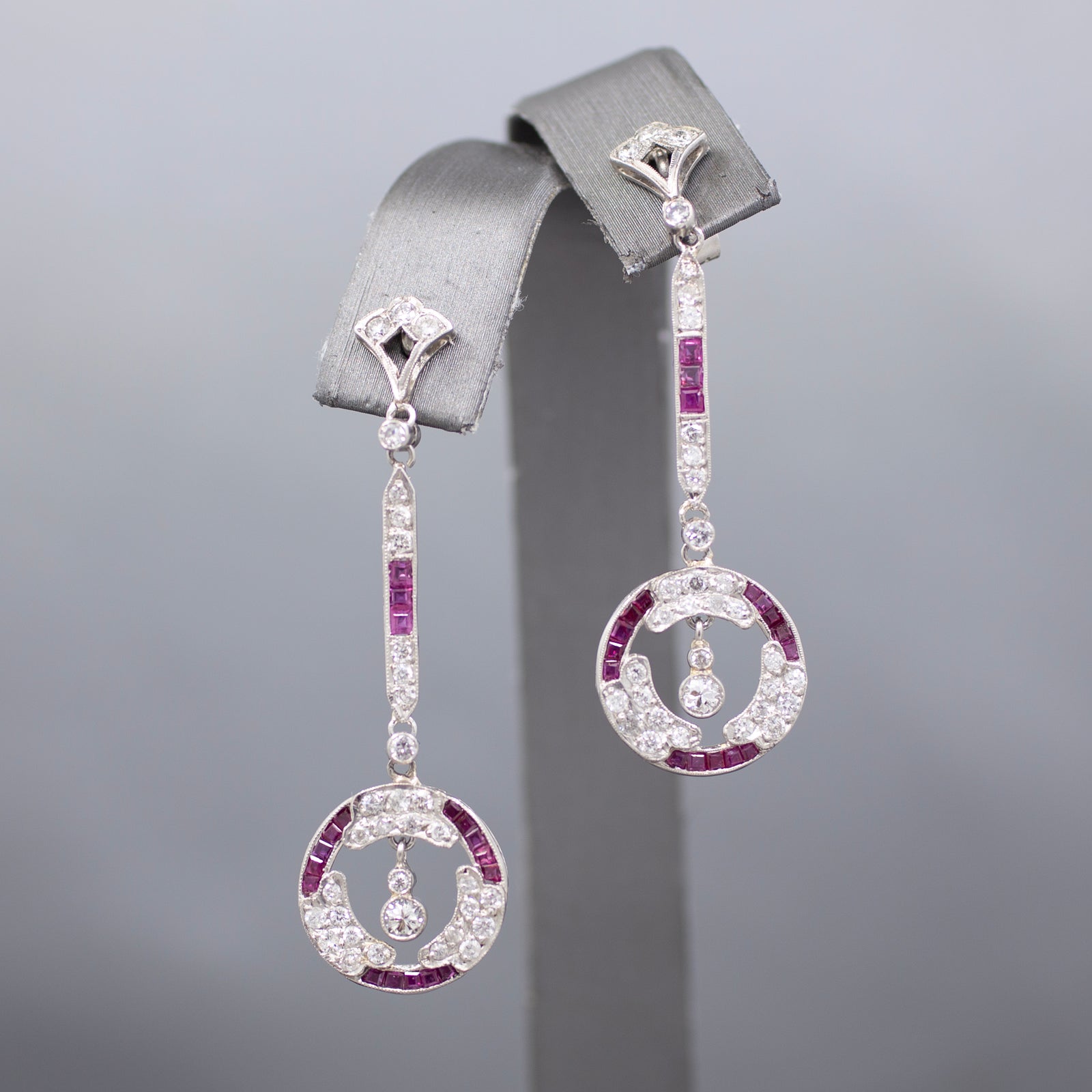 Dazzling Art Deco Old Cut Diamond and Ruby Earrings in Platinum