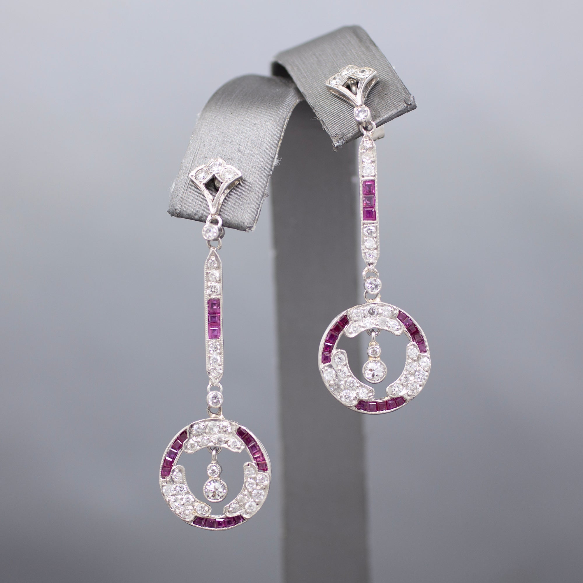 Dazzling Art Deco Old Cut Diamond and Ruby Earrings in Platinum