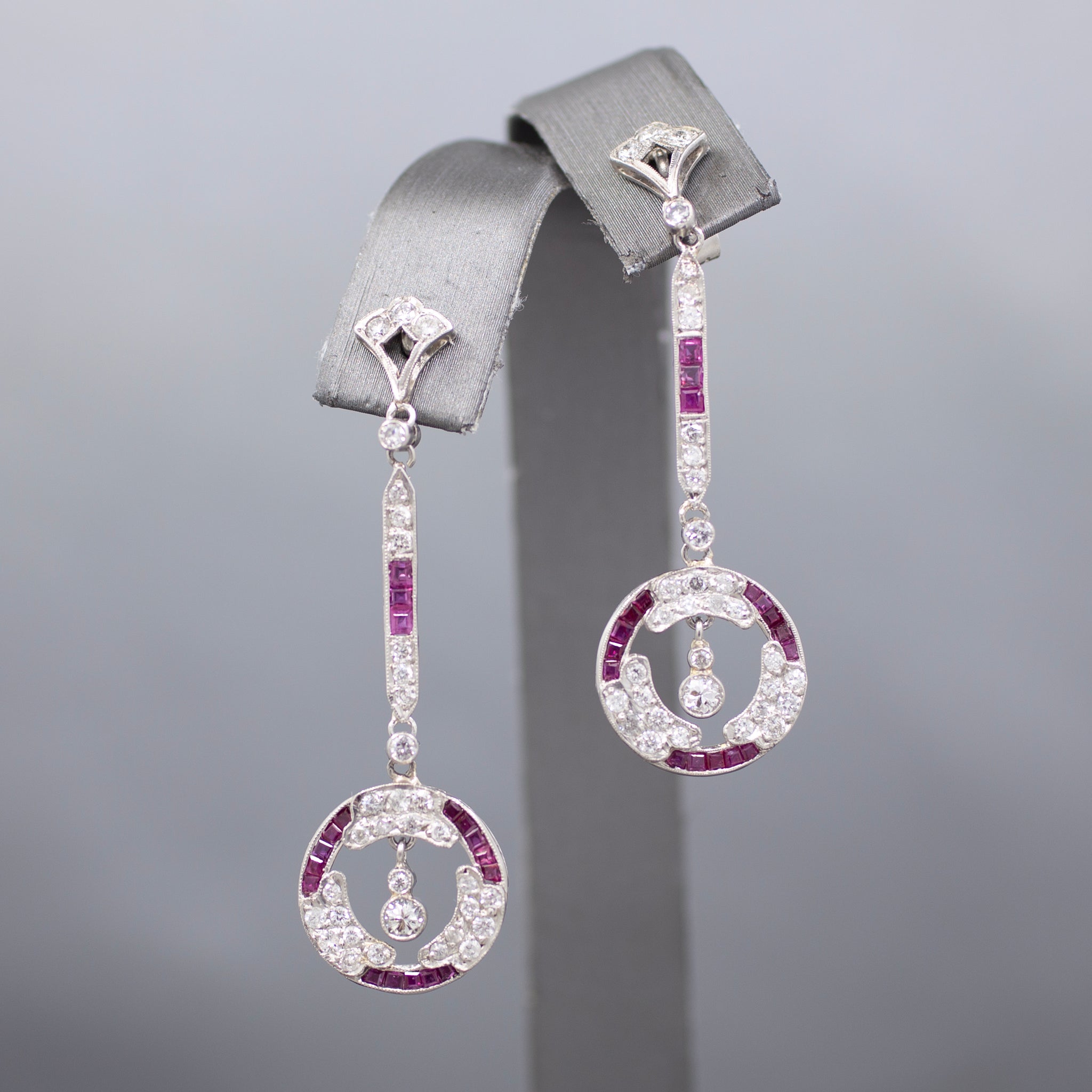 Dazzling Art Deco Old Cut Diamond and Ruby Earrings in Platinum