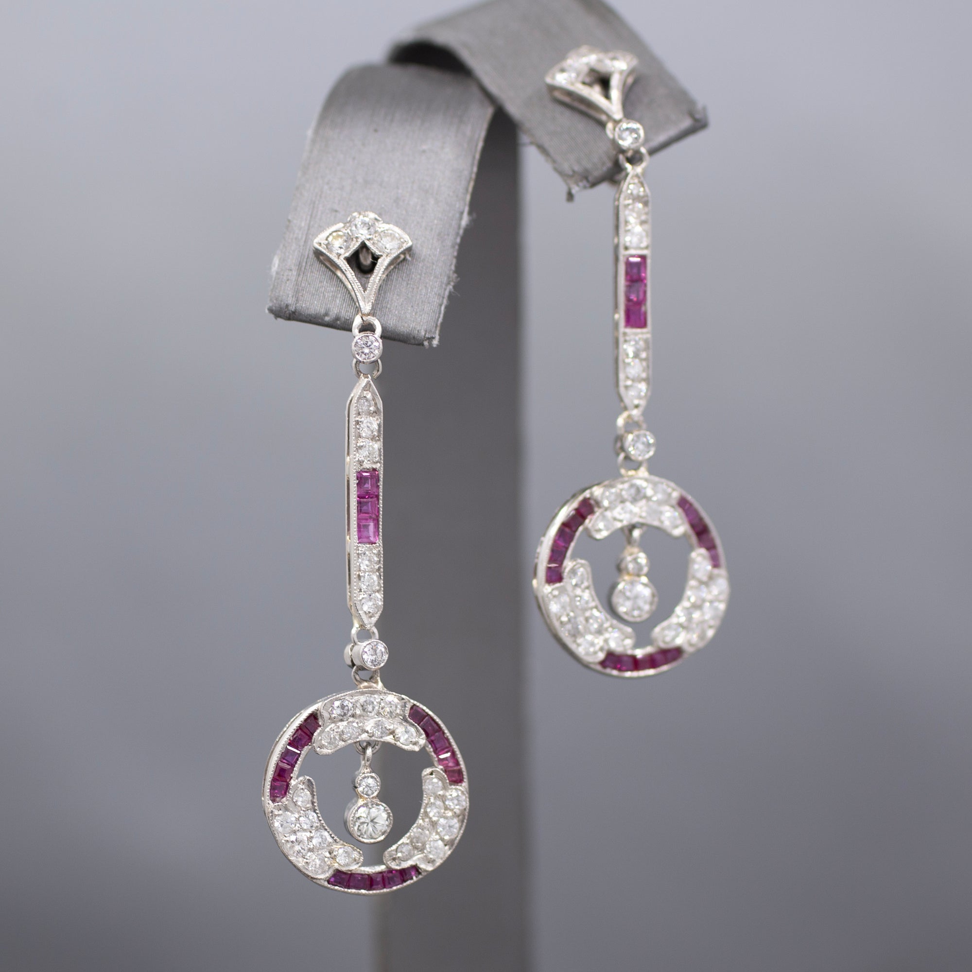 Dazzling Art Deco Old Cut Diamond and Ruby Earrings in Platinum