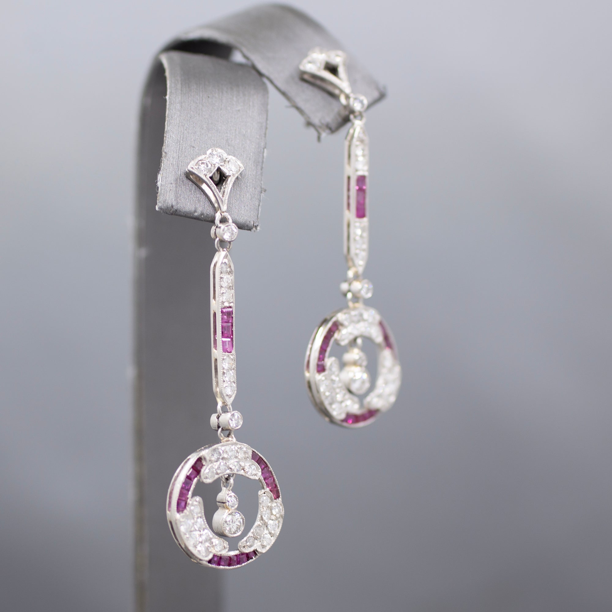 Dazzling Art Deco Old Cut Diamond and Ruby Earrings in Platinum