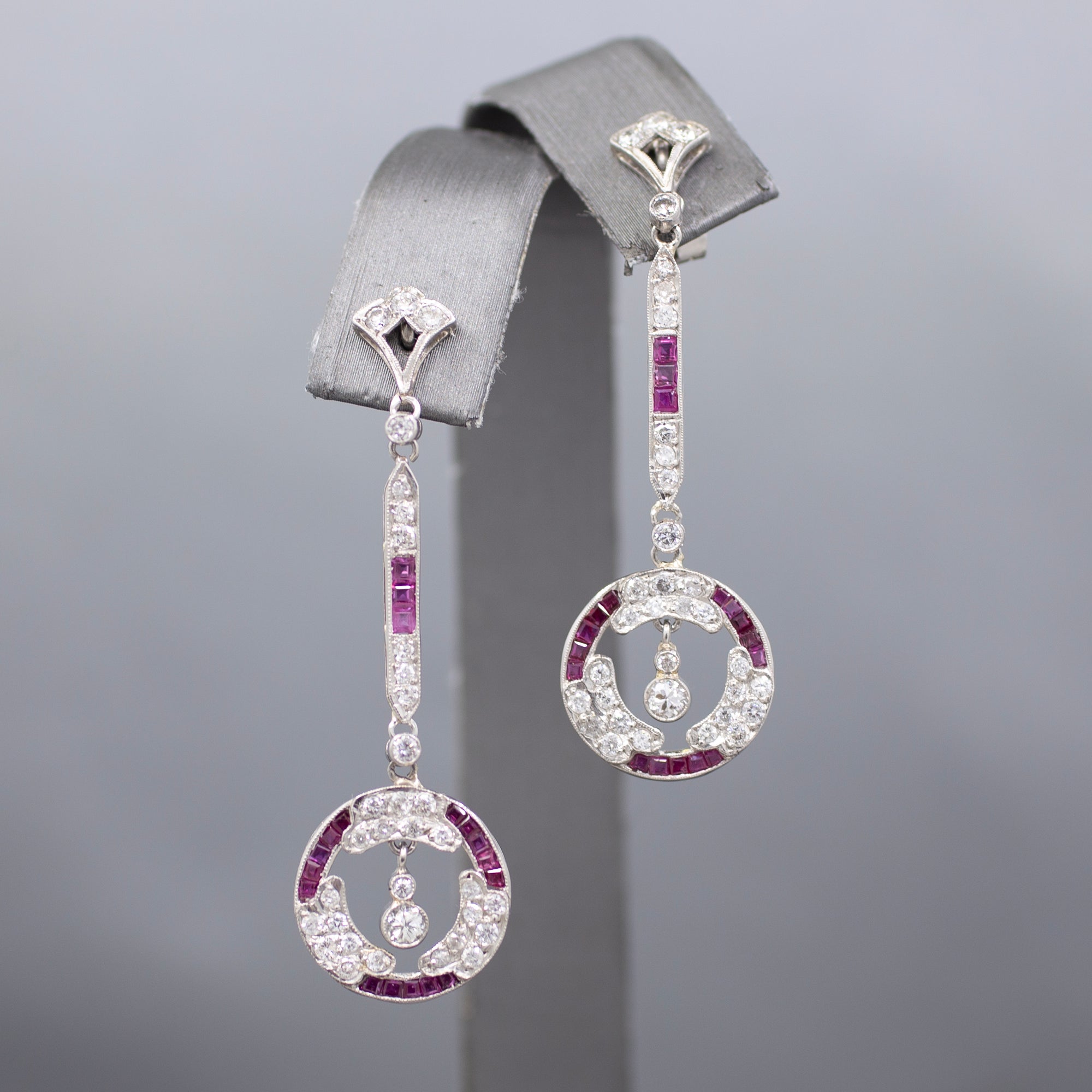 Dazzling Art Deco Old Cut Diamond and Ruby Earrings in Platinum