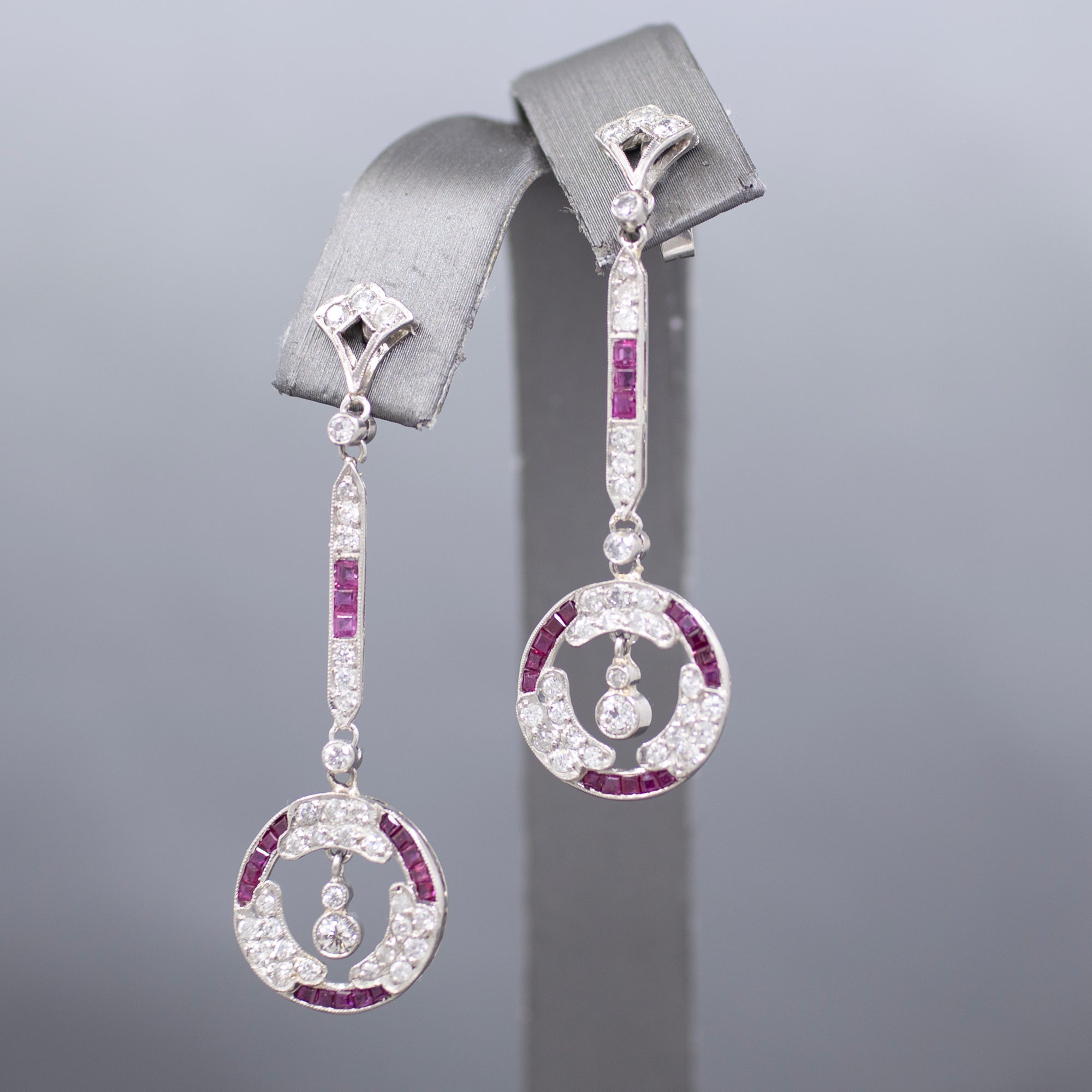 Dazzling Art Deco Old Cut Diamond and Ruby Earrings in Platinum