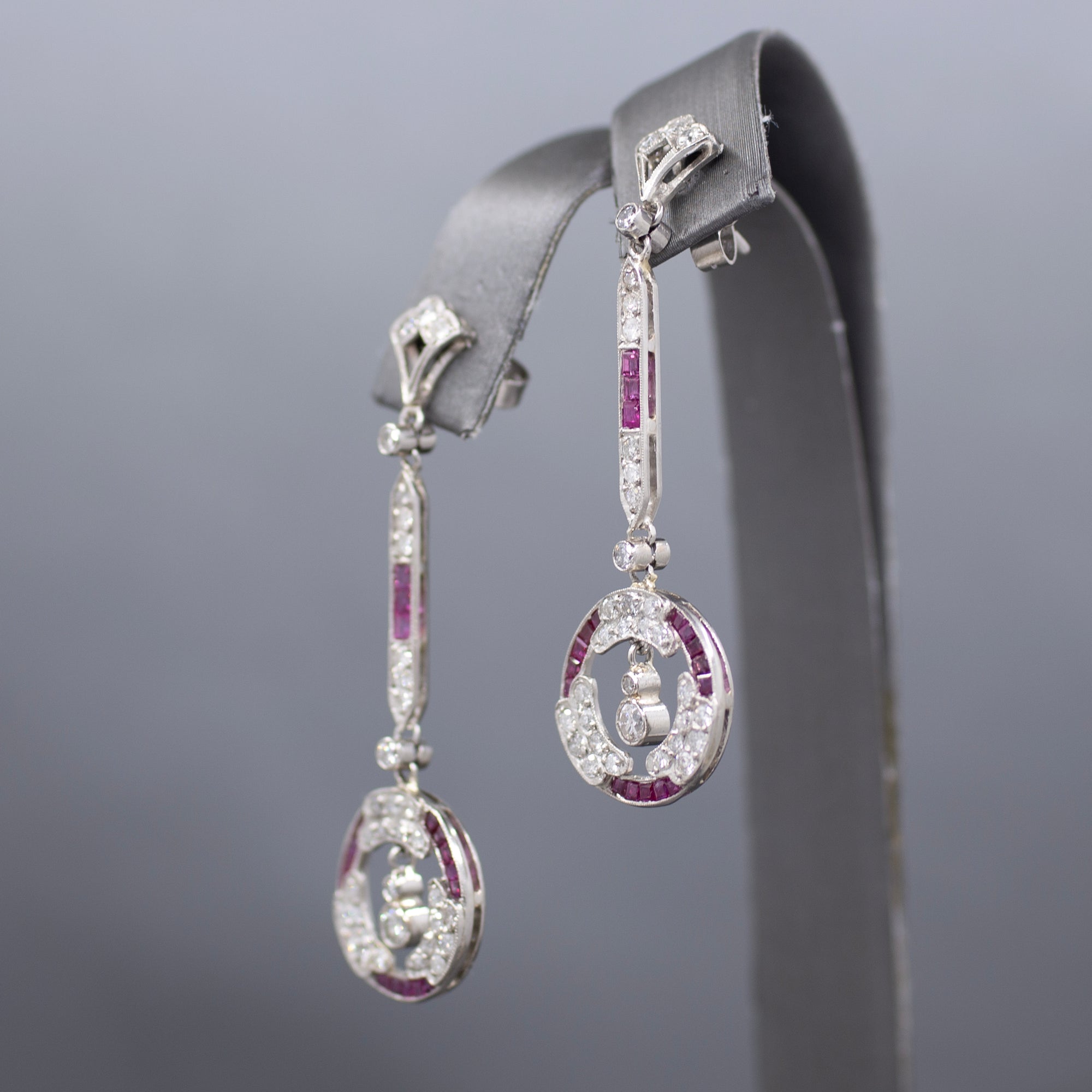 Dazzling Art Deco Old Cut Diamond and Ruby Earrings in Platinum