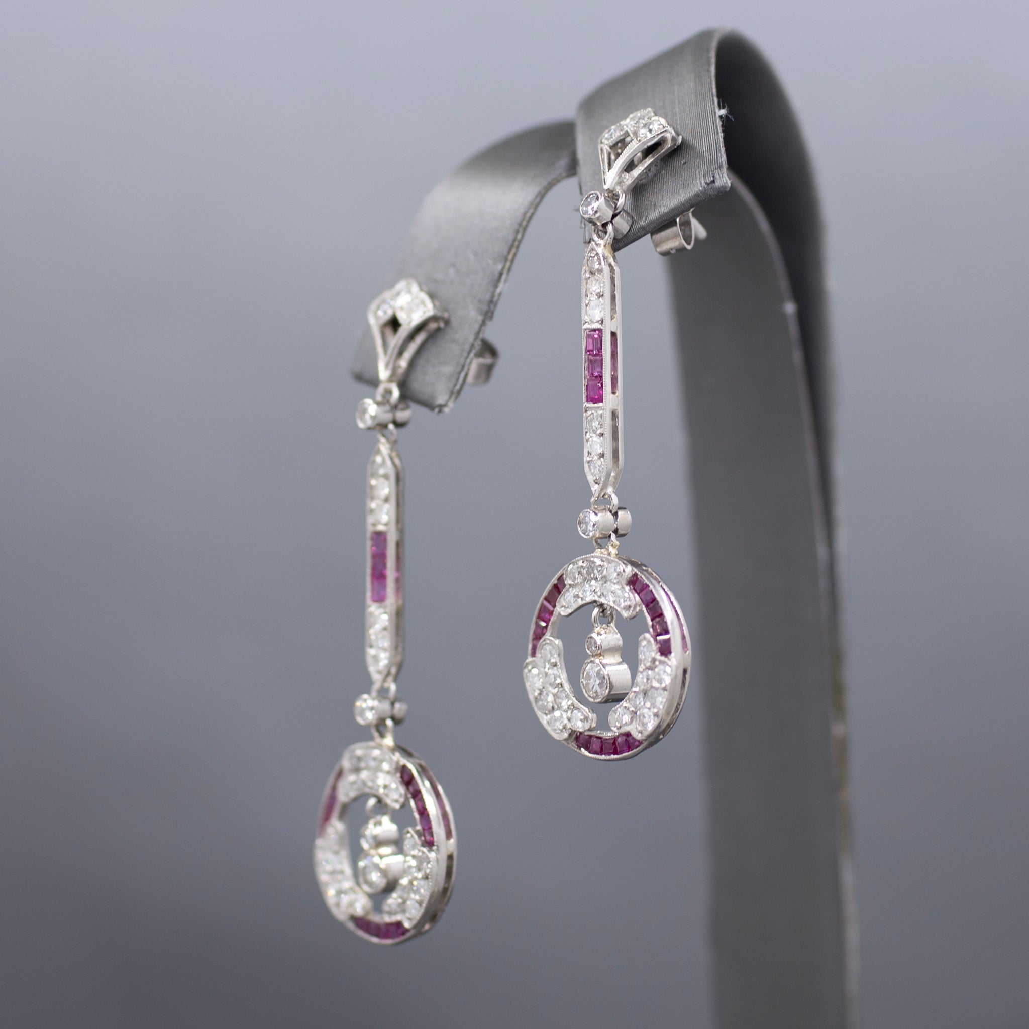Dazzling Art Deco Old Cut Diamond and Ruby Earrings in Platinum