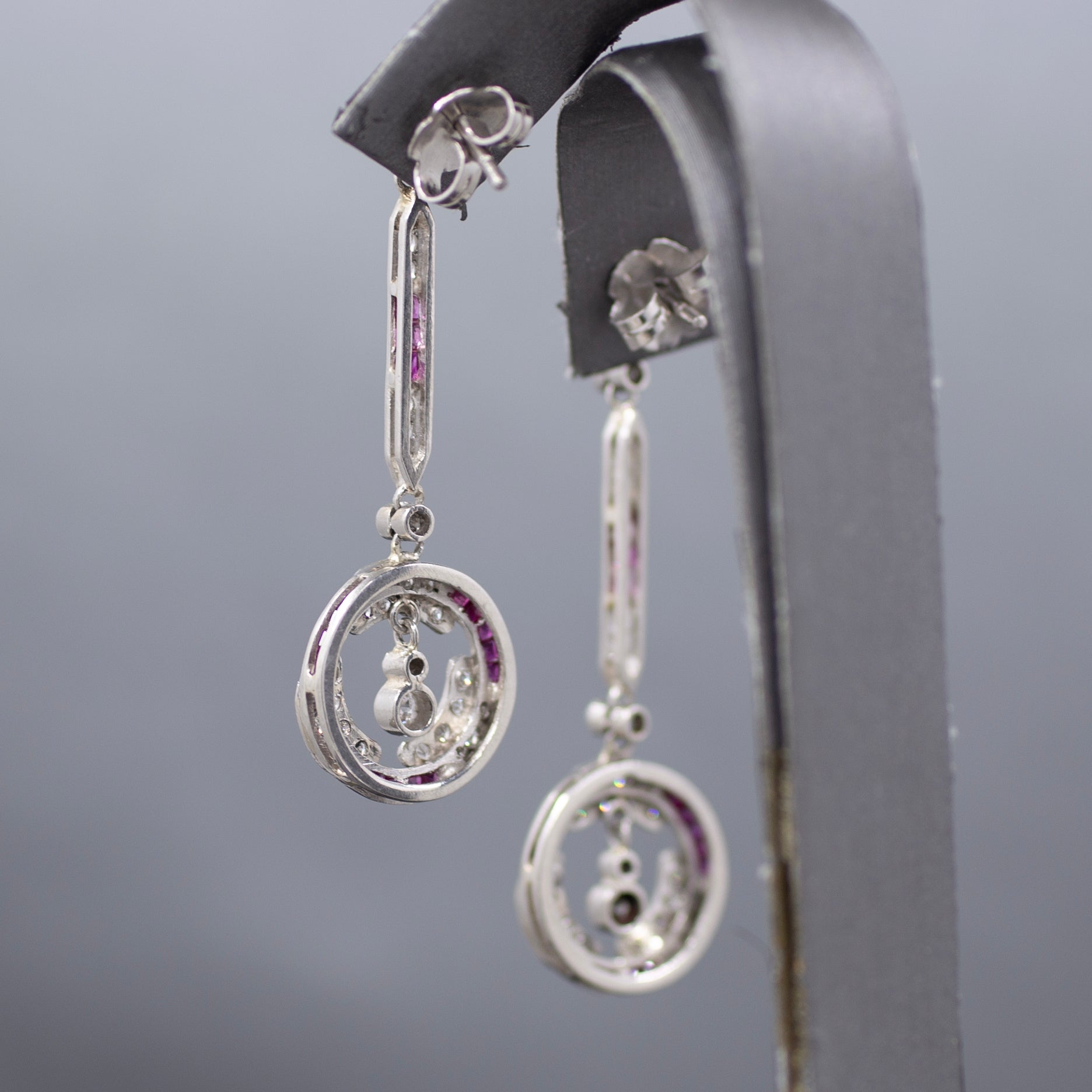 Dazzling Art Deco Old Cut Diamond and Ruby Earrings in Platinum