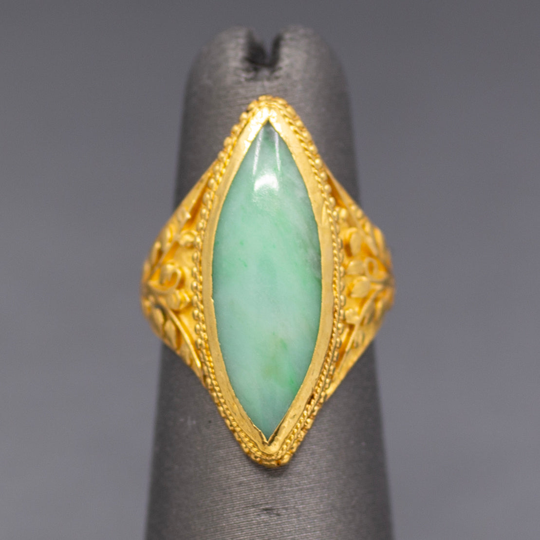 Vintage Marquise Jadeite Jade Bezel Set Engraved Ring in 22k Yellow Gold