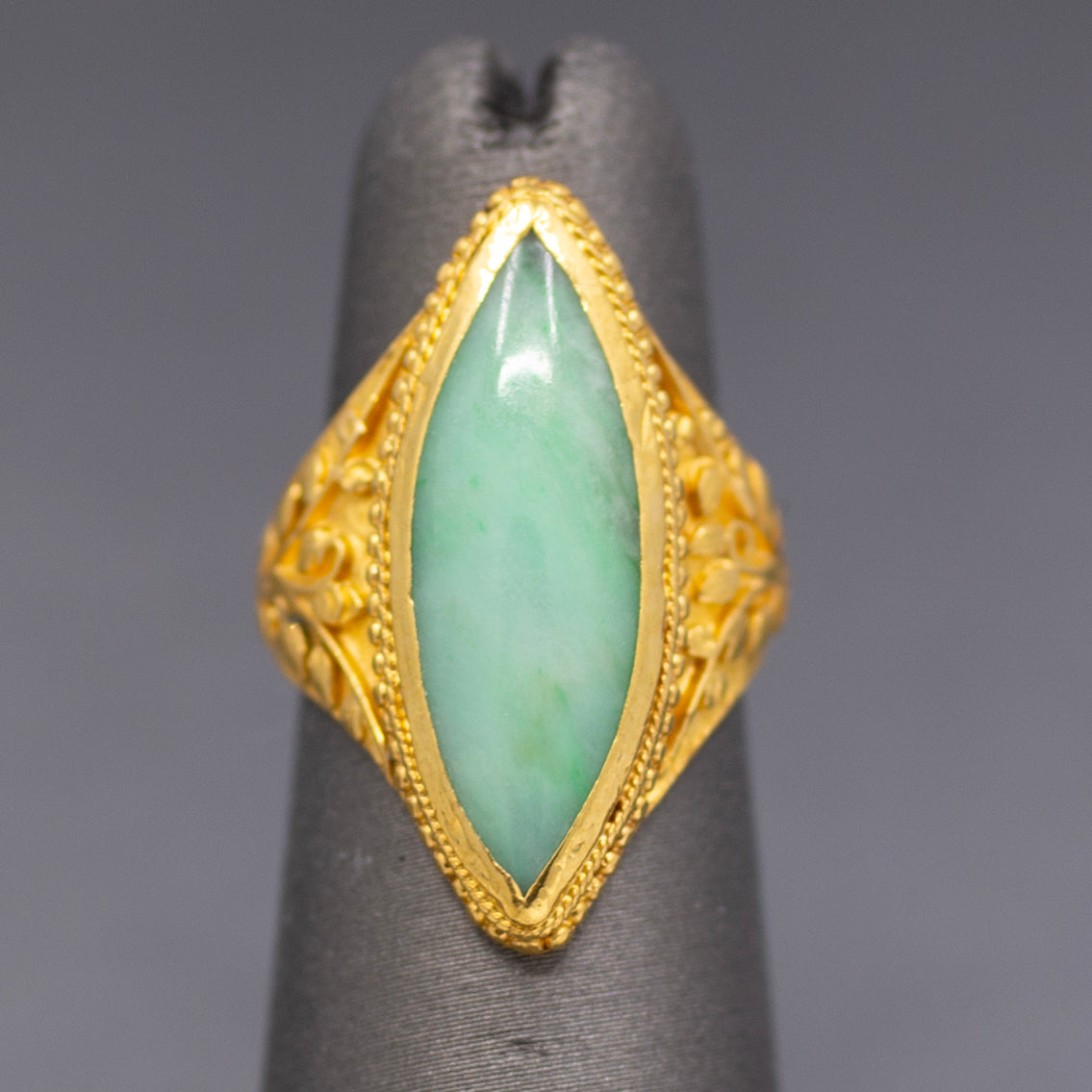 Vintage Marquise Jadeite Jade Bezel Set Engraved Ring in 22k Yellow Gold