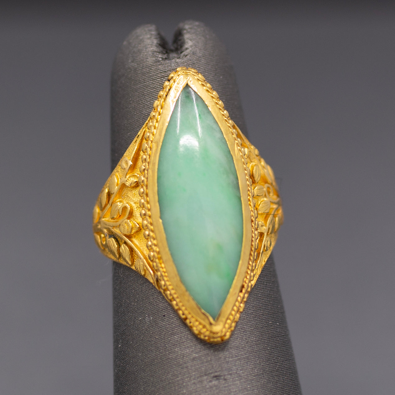 Vintage Marquise Jadeite Jade Bezel Set Engraved Ring in 22k Yellow Gold