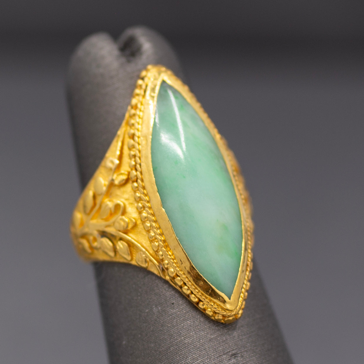Vintage Marquise Jadeite Jade Bezel Set Engraved Ring in 22k Yellow Gold