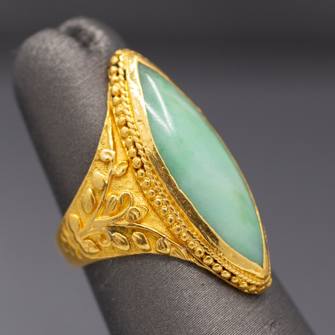 Vintage Marquise Jadeite Jade Bezel Set Engraved Ring in 22k Yellow Gold
