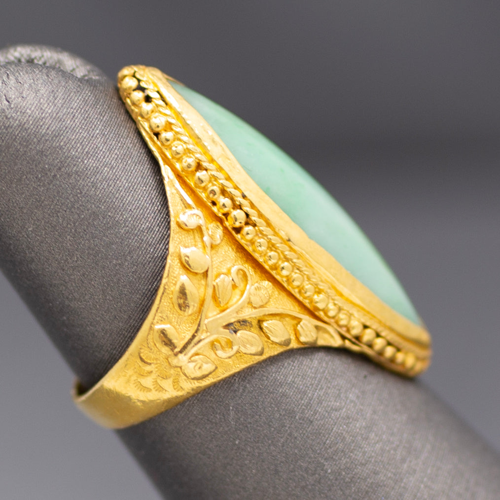 Vintage Marquise Jadeite Jade Bezel Set Engraved Ring in 22k Yellow Gold