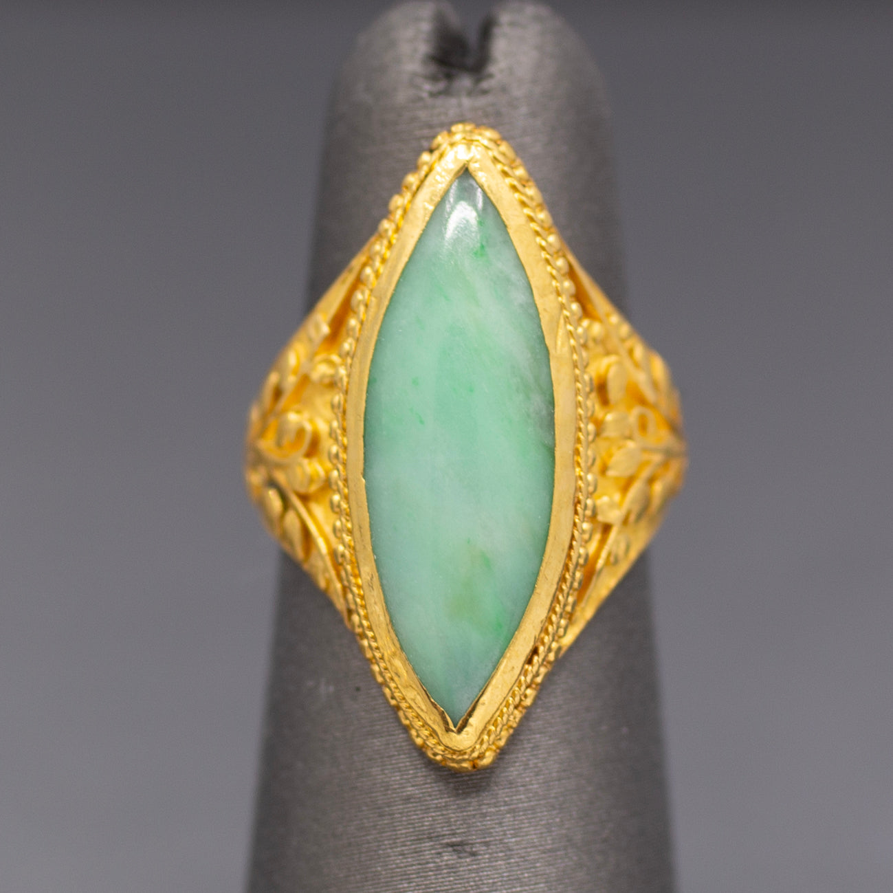 Vintage Marquise Jadeite Jade Bezel Set Engraved Ring in 22k Yellow Gold