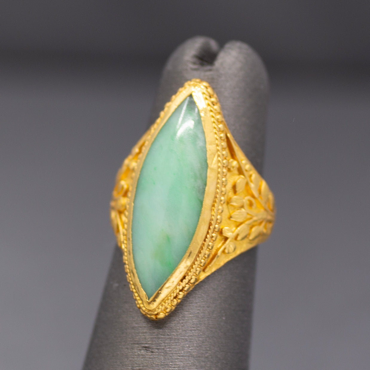 Vintage Marquise Jadeite Jade Bezel Set Engraved Ring in 22k Yellow Gold