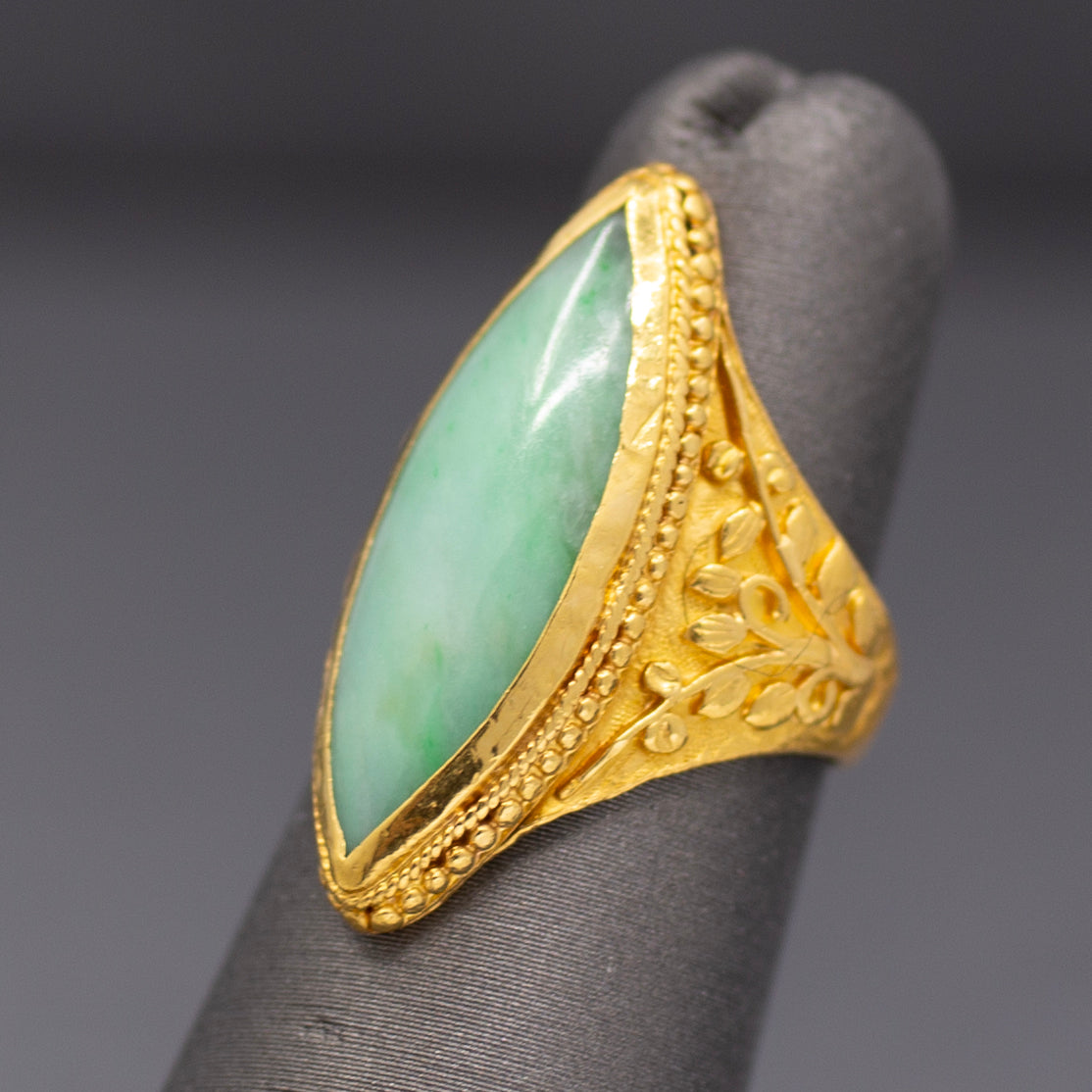 Vintage Marquise Jadeite Jade Bezel Set Engraved Ring in 22k Yellow Gold